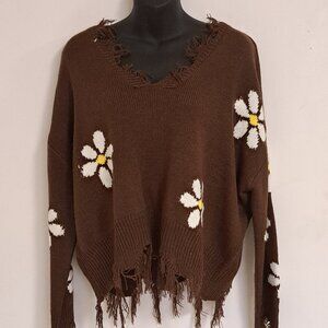 Just Polly Brown with Yellow Daisy Floral Distressed Sweater Size Misses Medium